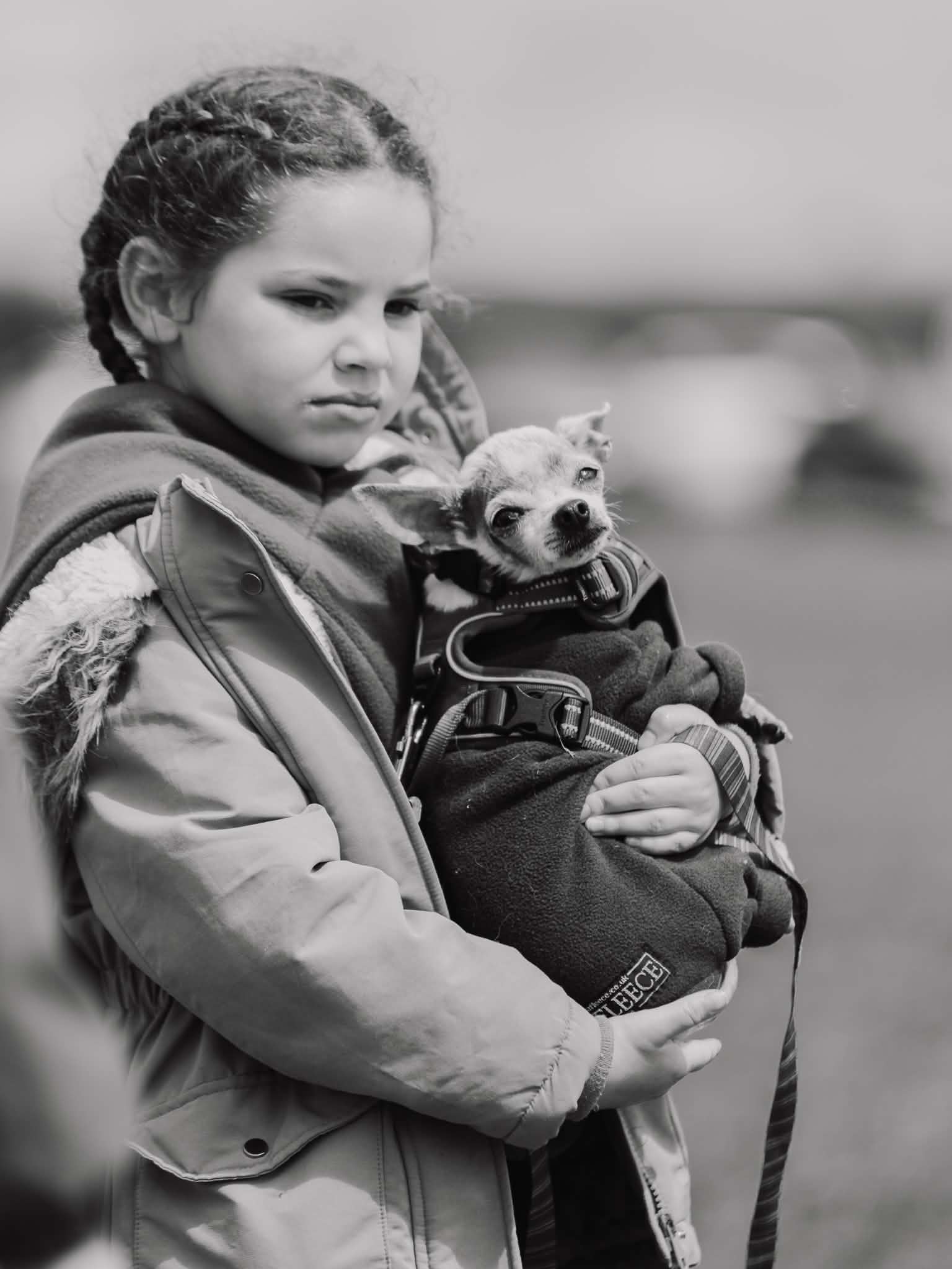 Girl holding a small dog wrapped in a blanket